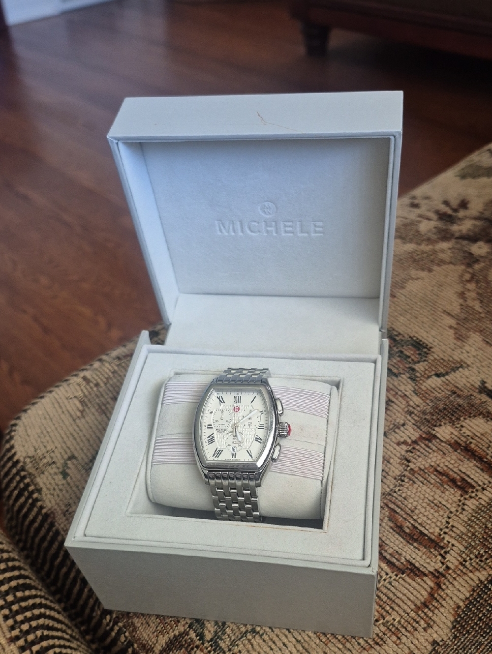 Michele Silver Stainless Steel Tonneau Watch with White Dial